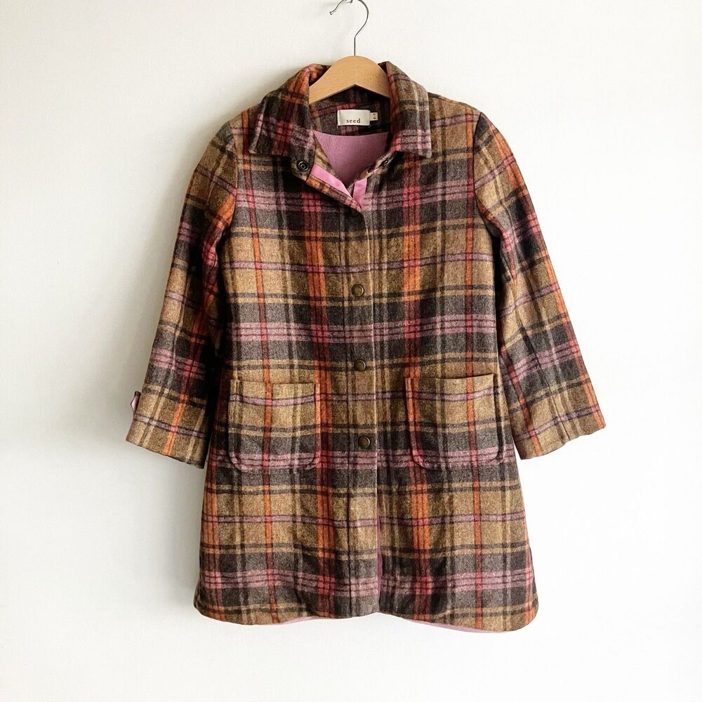 Seed Girls Size 6-7 Plaid Coat Snap Collared Pockets Lined Fall Autumn Winter